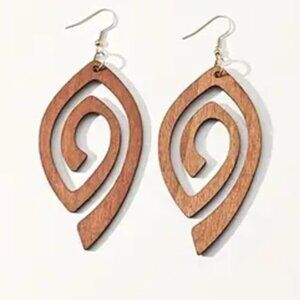 NEW Retro Avant Garde Big Brown Wood Wooden Swirl Dangle Earrings